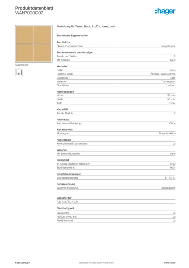 Bild Hager Produktdatenblatt WAN7020C02 | Hager Deutschland