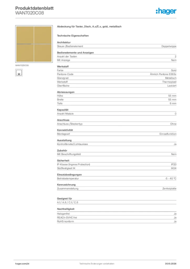 Bild Hager Produktdatenblatt WAN7020C08 | Hager Deutschland