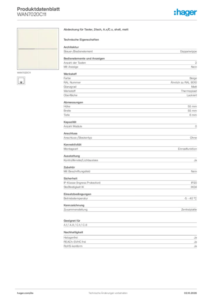 Bild Hager Produktdatenblatt WAN7020C11 | Hager Deutschland