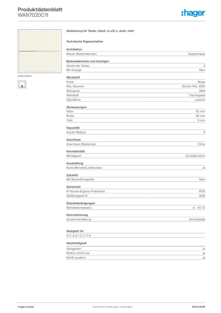 Bild Hager Produktdatenblatt WAN7020C11 | Hager Deutschland