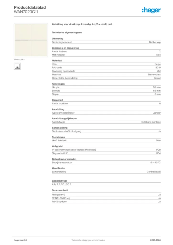 Afbeelding Hager Productdatablad WAN7020C11 | Hager Nederland