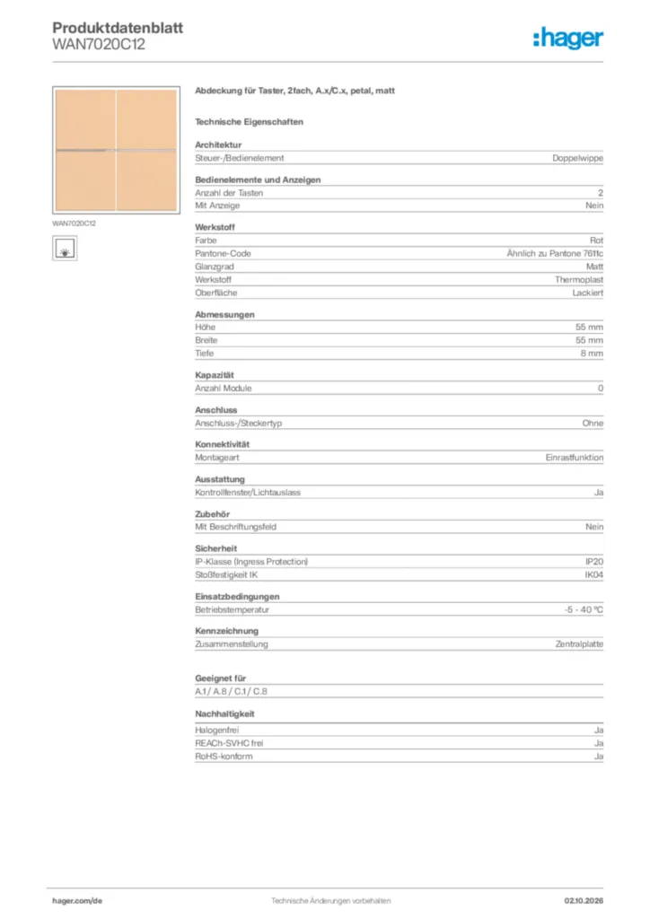 Bild Hager Produktdatenblatt WAN7020C12 | Hager Deutschland