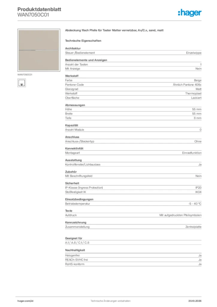 Bild Hager Produktdatenblatt WAN7050C01 | Hager Deutschland