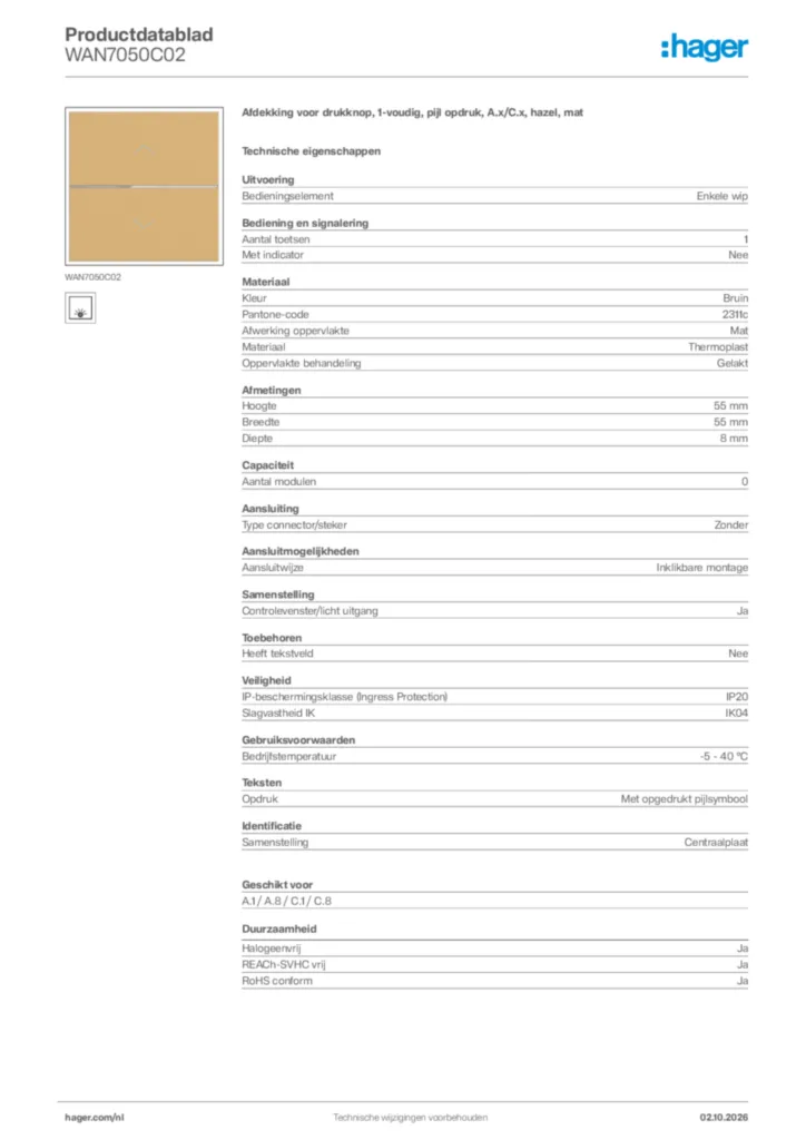 Afbeelding Hager Productdatablad WAN7050C02 | Hager Nederland