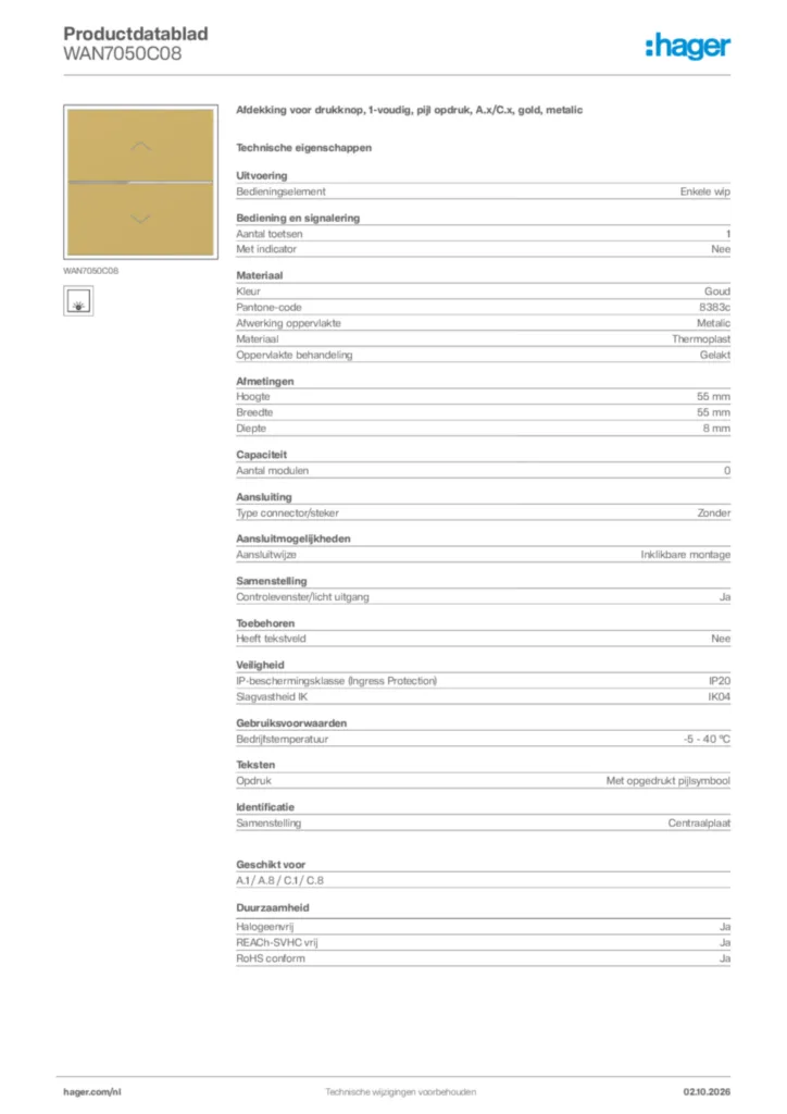 Afbeelding Hager Productdatablad WAN7050C08 | Hager Nederland