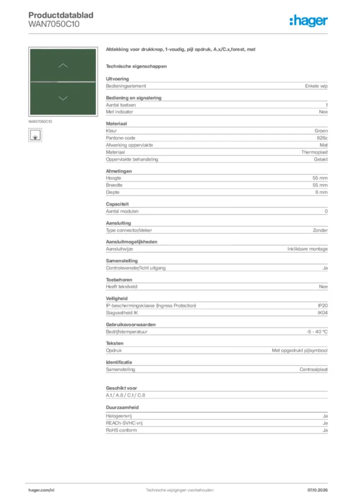 Afbeelding Hager Productdatablad WAN7050C10 | Hager Nederland