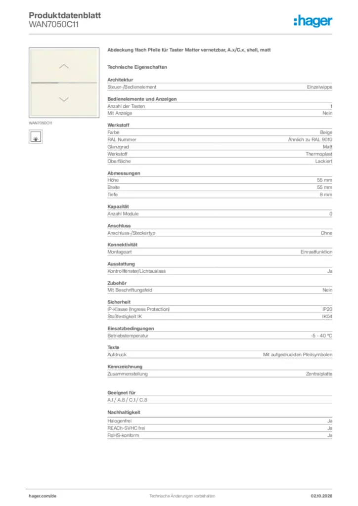 Bild Hager Produktdatenblatt WAN7050C11 | Hager Deutschland
