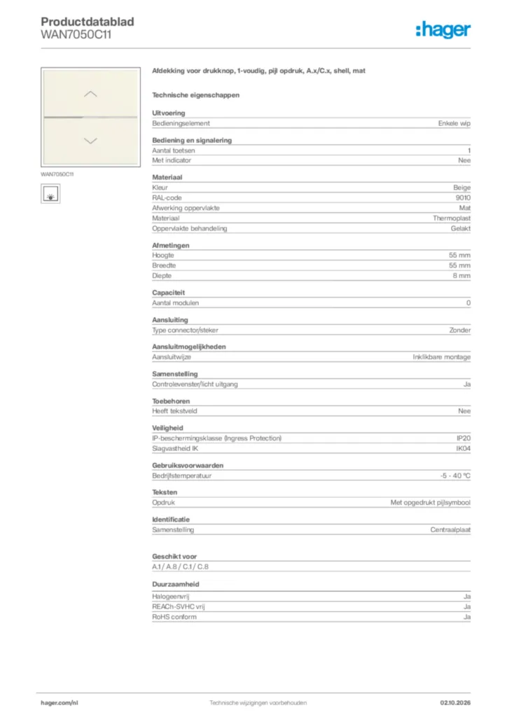 Afbeelding Hager Productdatablad WAN7050C11 | Hager Nederland