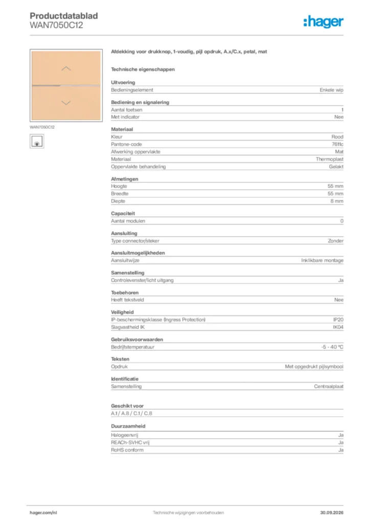 Afbeelding Hager Productdatablad WAN7050C12 | Hager Nederland