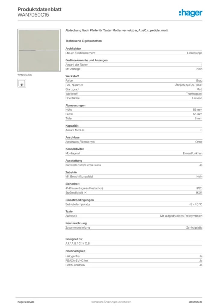 Bild Hager Produktdatenblatt WAN7050C15 | Hager Deutschland