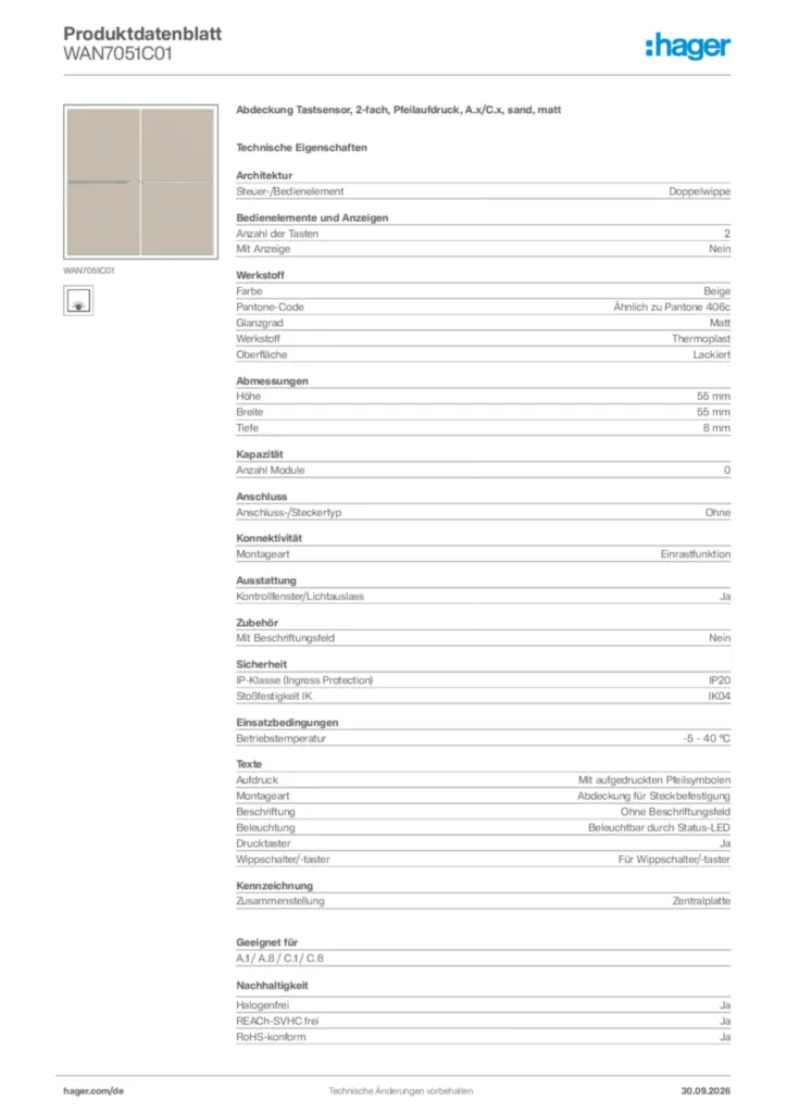 Bild Hager Produktdatenblatt WAN7051C01 | Hager Deutschland