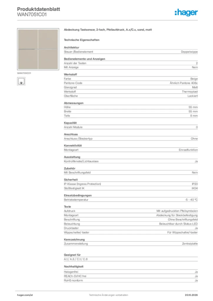 Bild Hager Produktdatenblatt WAN7051C01 | Hager Deutschland