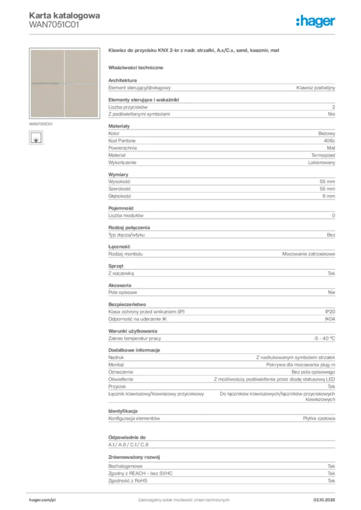 Zdjęcie Hager Karta katalogowa WAN7051C01 | Hager Polska