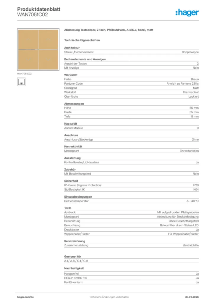 Bild Hager Produktdatenblatt WAN7051C02 | Hager Deutschland