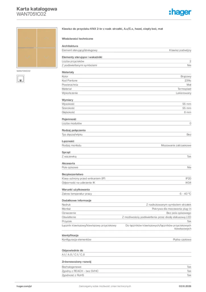 Zdjęcie Hager Karta katalogowa WAN7051C02 | Hager Polska