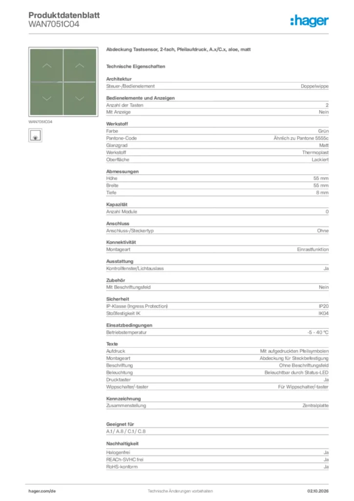 Bild Hager Produktdatenblatt WAN7051C04 | Hager Deutschland