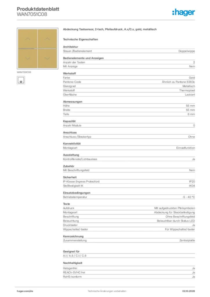 Bild Hager Produktdatenblatt WAN7051C08 | Hager Deutschland