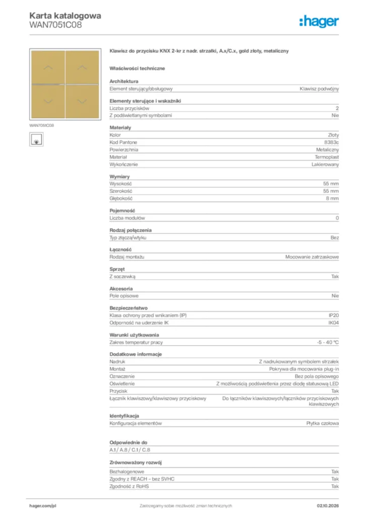 Zdjęcie Hager Karta katalogowa WAN7051C08 | Hager Polska