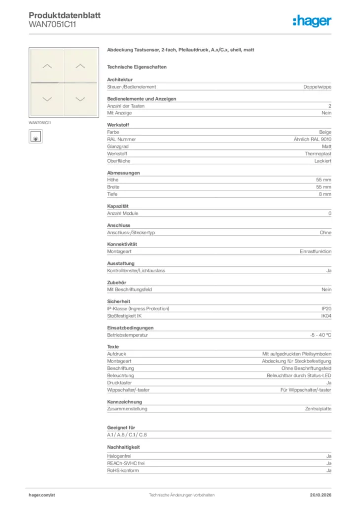 Bild Hager Produktdatenblatt WAN7051C11 | Hager Deutschland