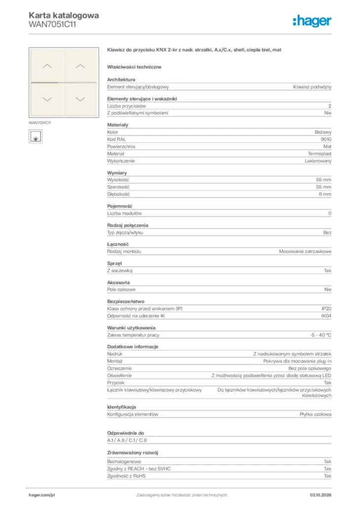 Zdjęcie Hager Karta katalogowa WAN7051C11 | Hager Polska