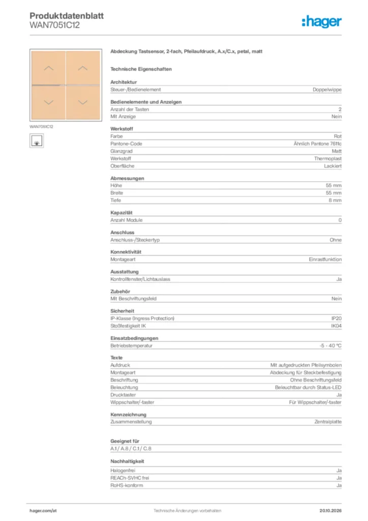 Bild Hager Produktdatenblatt WAN7051C12 | Hager Deutschland
