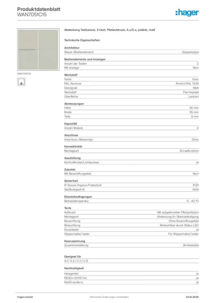 Bild Hager Produktdatenblatt WAN7051C15 | Hager Deutschland