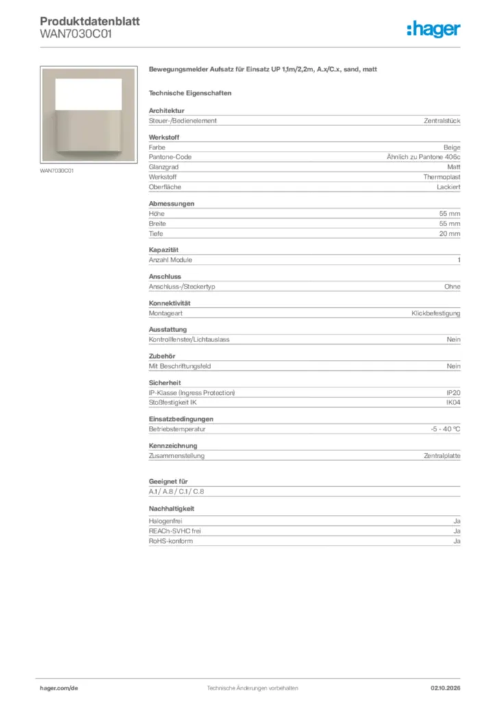 Bild Hager Produktdatenblatt WAN7030C01 | Hager Deutschland