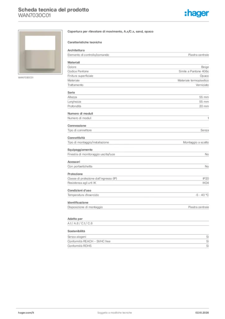 Immagine Hager Scheda tecnica del prodotto WAN7030C01 | Hager Italia
