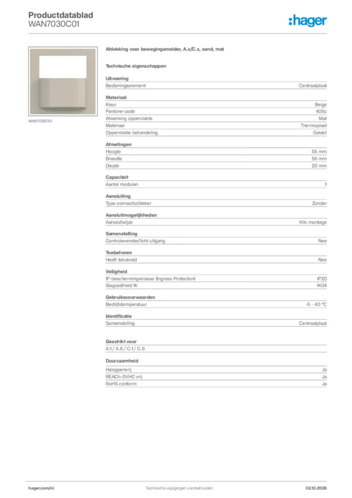 Afbeelding Hager Productdatablad WAN7030C01 | Hager Nederland
