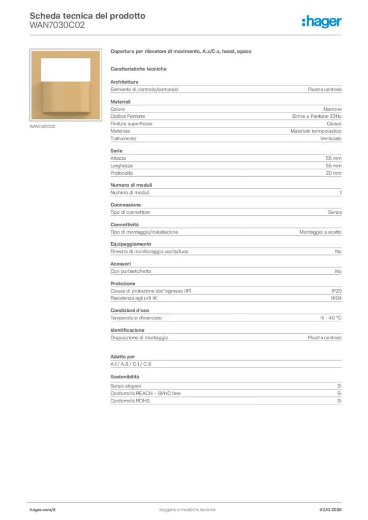Immagine Hager Scheda tecnica del prodotto WAN7030C02 | Hager Italia