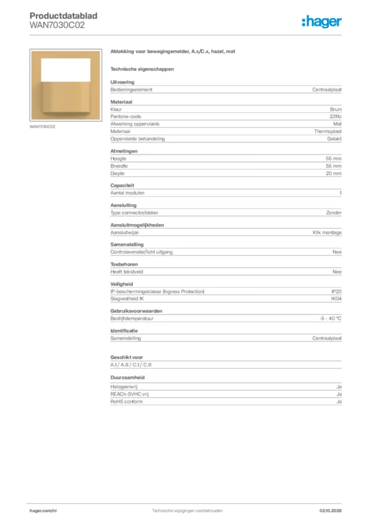 Afbeelding Hager Productdatablad WAN7030C02 | Hager Nederland