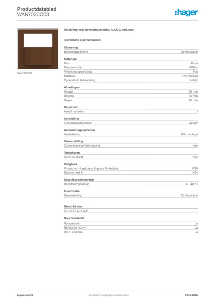 Afbeelding Hager Productdatablad WAN7030C03 | Hager Nederland