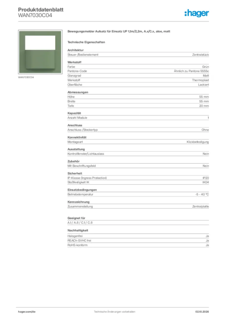 Bild Hager Produktdatenblatt WAN7030C04 | Hager Deutschland