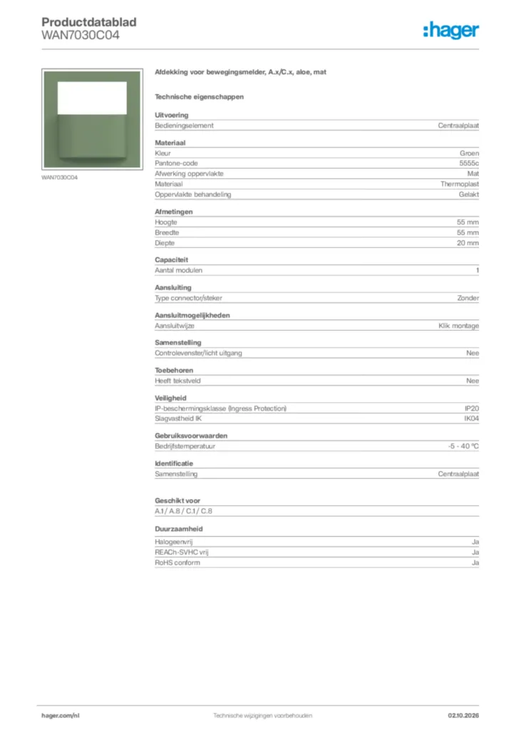 Afbeelding Hager Productdatablad WAN7030C04 | Hager Nederland
