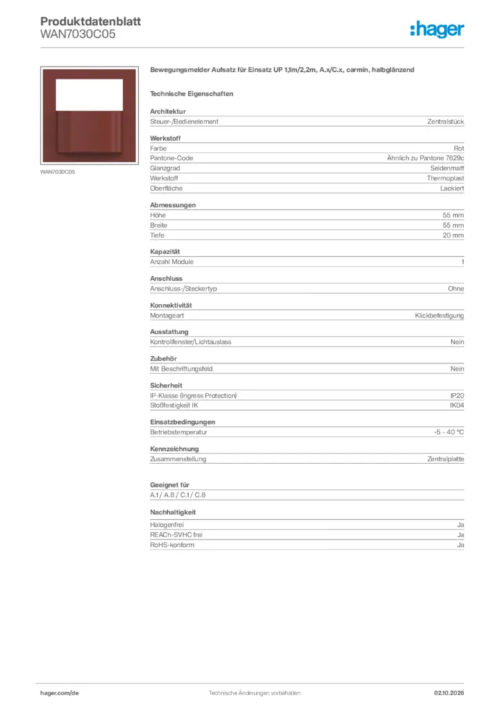 Bild Hager Produktdatenblatt WAN7030C05 | Hager Deutschland
