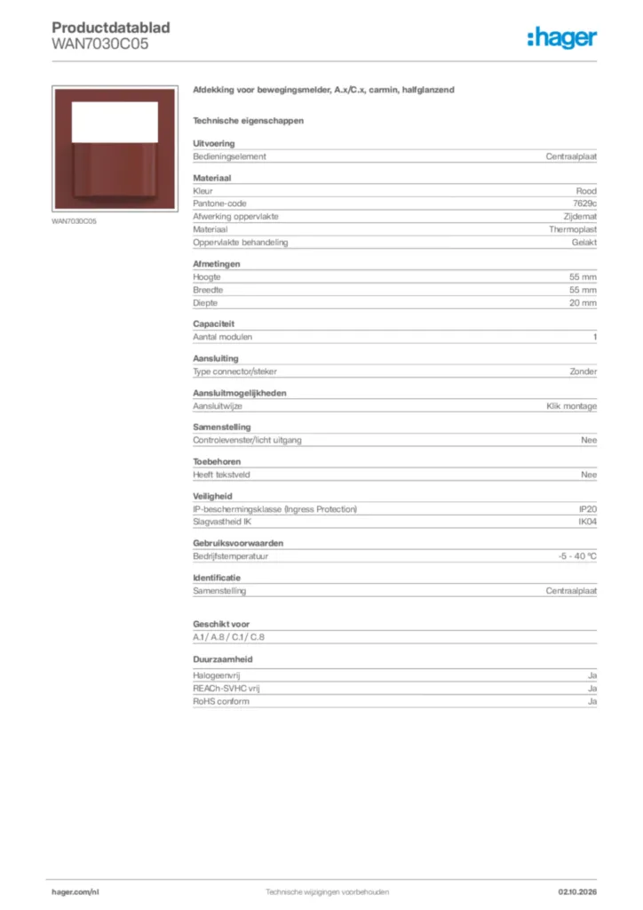 Afbeelding Hager Productdatablad WAN7030C05 | Hager Nederland