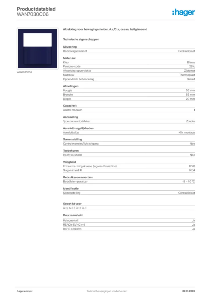 Afbeelding Hager Productdatablad WAN7030C06 | Hager Nederland