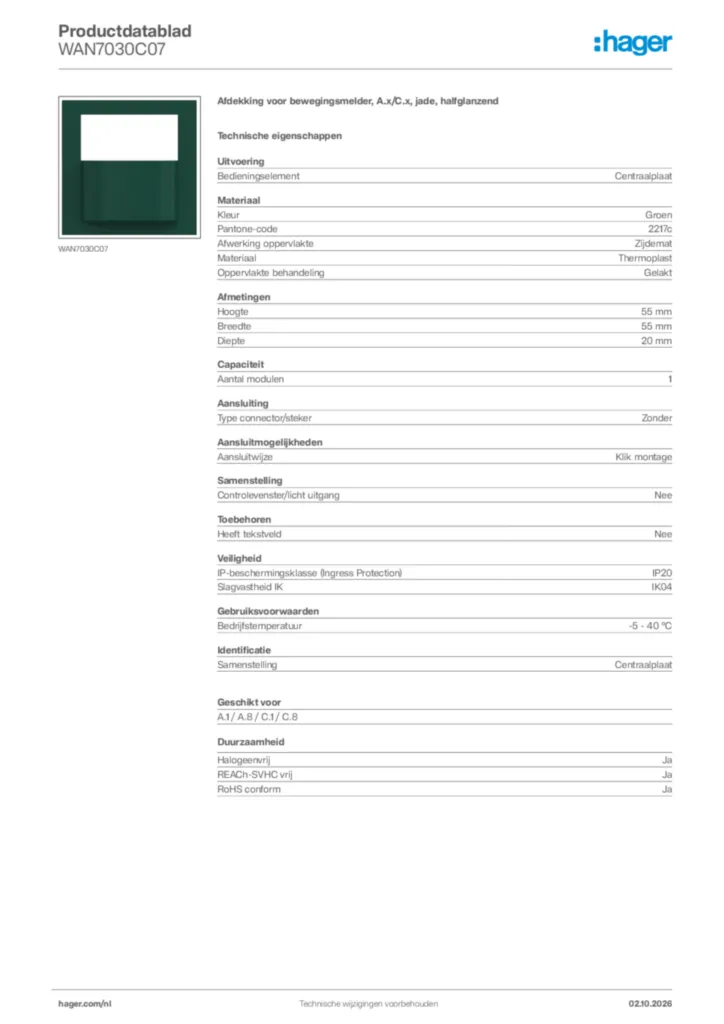 Afbeelding Hager Productdatablad WAN7030C07 | Hager Nederland