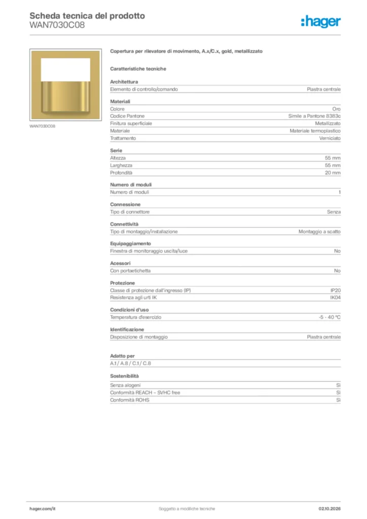Immagine Hager Scheda tecnica del prodotto WAN7030C08 | Hager Italia