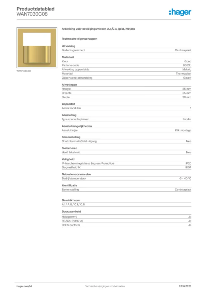 Afbeelding Hager Productdatablad WAN7030C08 | Hager Nederland