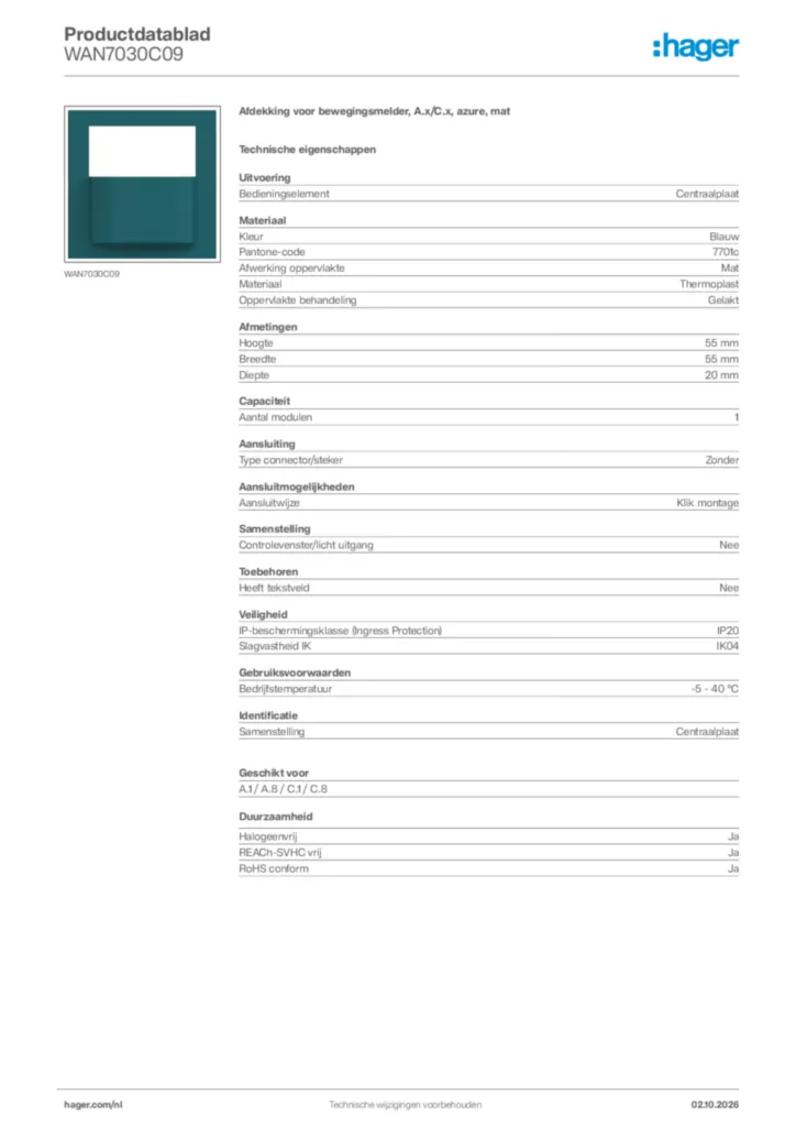 Afbeelding Hager Productdatablad WAN7030C09 | Hager Nederland