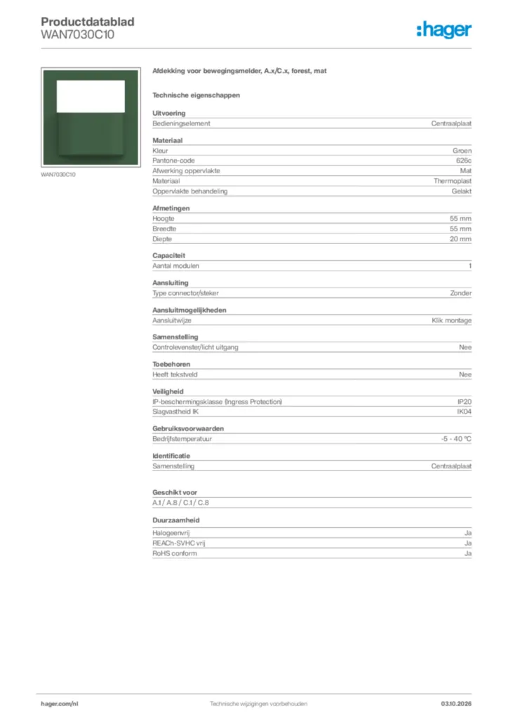 Afbeelding Hager Productdatablad WAN7030C10 | Hager Nederland