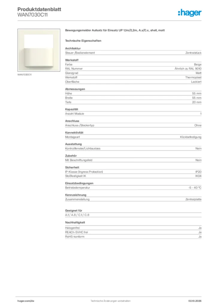 Bild Hager Produktdatenblatt WAN7030C11 | Hager Deutschland