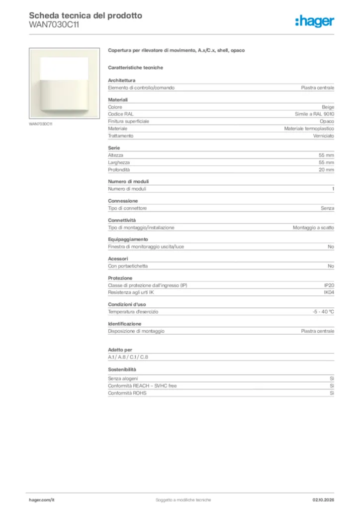 Immagine Hager Scheda tecnica del prodotto WAN7030C11 | Hager Italia
