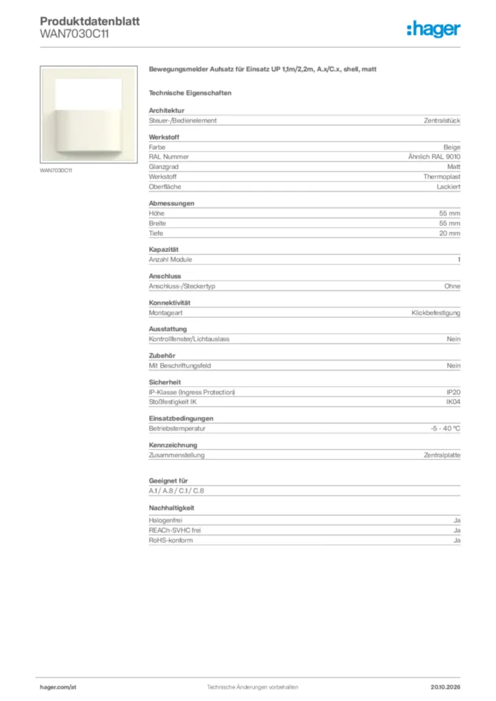 Bild Hager Produktdatenblatt WAN7030C11 | Hager Deutschland