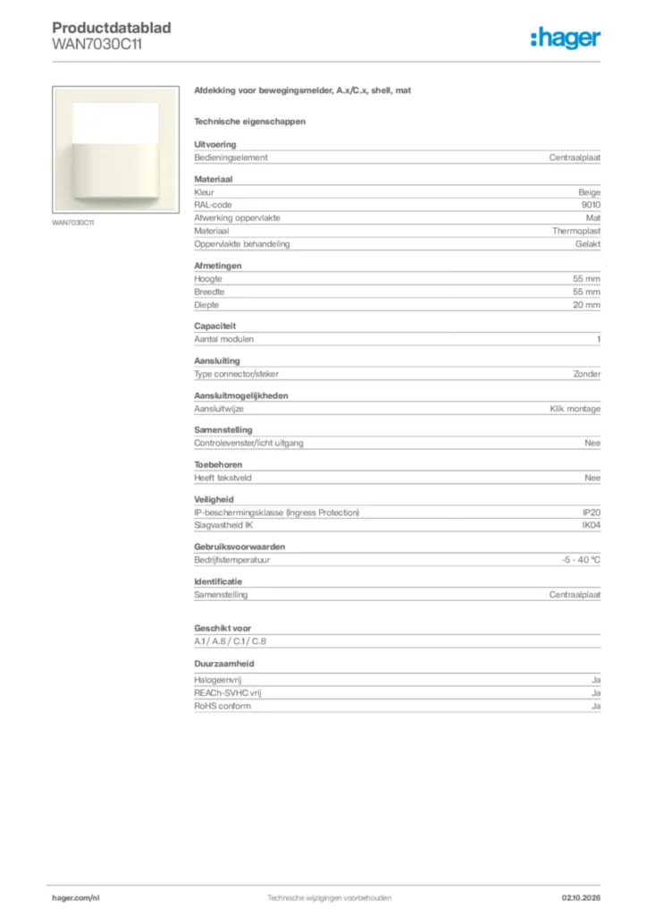 Afbeelding Hager Productdatablad WAN7030C11 | Hager Nederland