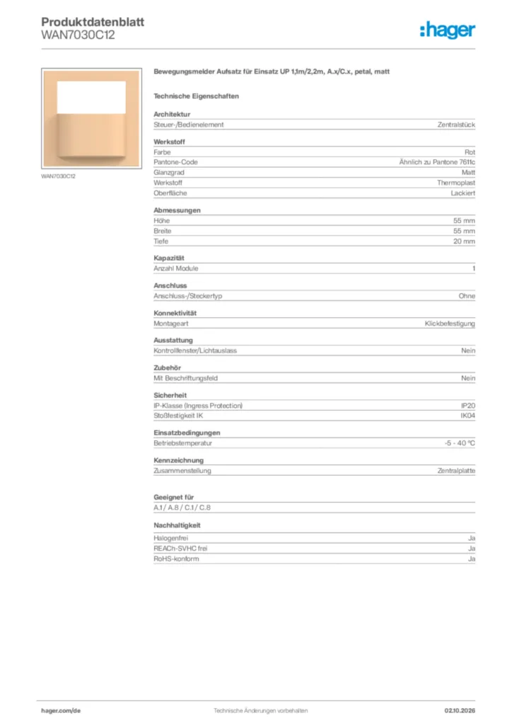 Bild Hager Produktdatenblatt WAN7030C12 | Hager Deutschland
