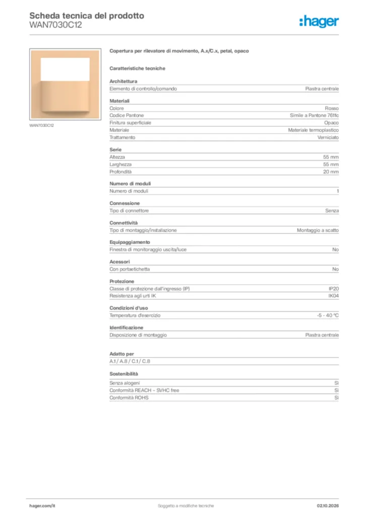 Immagine Hager Scheda tecnica del prodotto WAN7030C12 | Hager Italia