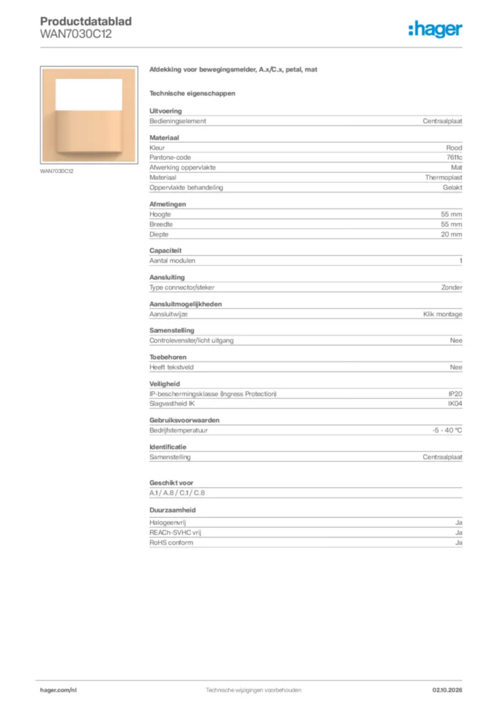 Afbeelding Hager Productdatablad WAN7030C12 | Hager Nederland