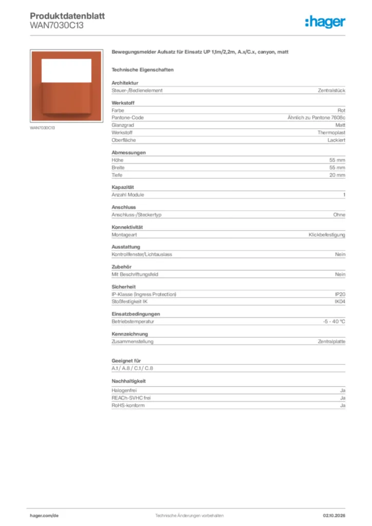Bild Hager Produktdatenblatt WAN7030C13 | Hager Deutschland